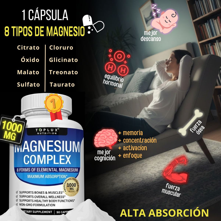 MAGNESIO COMPLEX - 8 MAGNESIO EN CADA CAPSULA PARA MEJOR DESCANSO, RENDIMIENTO, ENERGÍA, ÁNIMO Y SALUD GENERAL - EN OFERTA POR TIEMPO LIMITADO O HASTA AGOTAR STOCK 🔥