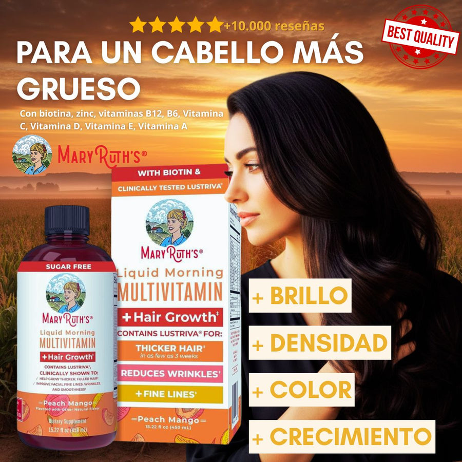 SUPER MULTIVITAMÍNICO DE MARY RUTH EN FORMATO LÍQUIDO - ENGROSADOR Y FORTALECEDOR DE CABELLO, MEJORAMIENTO EN UÑAS Y PIEL. CRECIMIENTO DE CABELLO