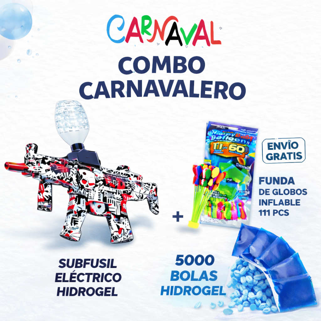 COMBO CARNAVALERO - PISTOLA DE HIDROGEL + 5000 MIL MUNICIÓN DE HIDROGEL + 111PC DE GLOBOS INFLABLES PARA AGUA