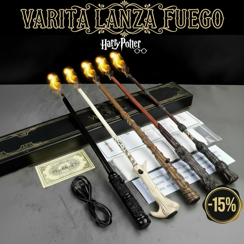 VARITA DE HARRY POTTER LANZA FUEGO REAL - VARITA RECARGABLE PARA REGALO O COLECCIÓN AUTENTICA