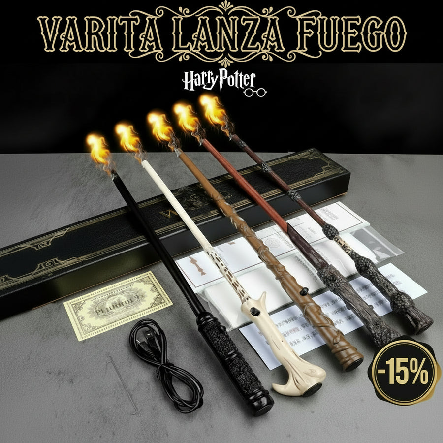 VARITA DE HARRY POTTER LANZA FUEGO REAL - VARITA RECARGABLE PARA REGALO O COLECCIÓN AUTENTICA