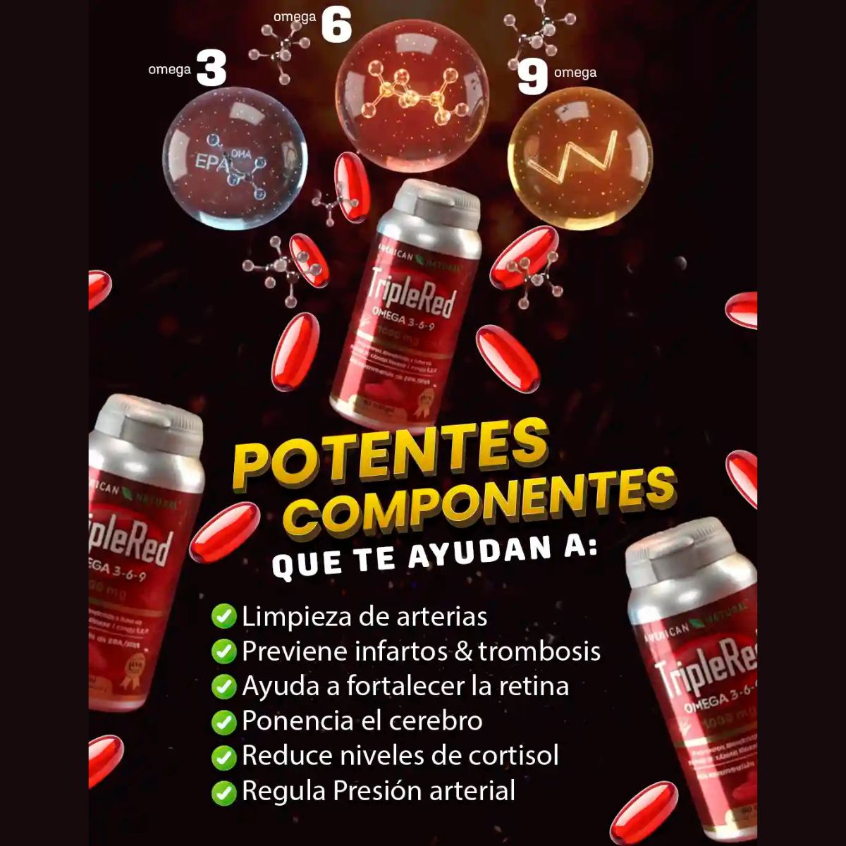 TRIPLERED OMEGA 3 - 6 - 9 - MEJORA DE CIRCULACIÓN Y COAGULACIÓN - PARA DOLORES DE PIERNAS, VENAS INFLAMADAS, VARICES, COLESTEROL Y CALAMBRES CONSTANTES