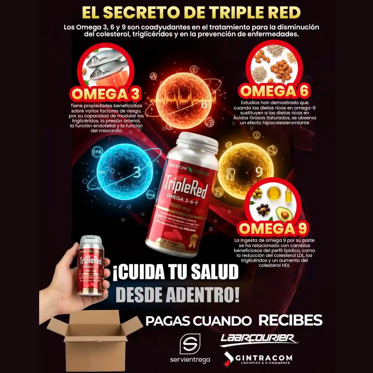 TRIPLERED OMEGA 3 - 6 - 9 - MEJORA DE CIRCULACIÓN Y COAGULACIÓN - PARA DOLORES DE PIERNAS, VENAS INFLAMADAS, VARICES, COLESTEROL Y CALAMBRES CONSTANTES