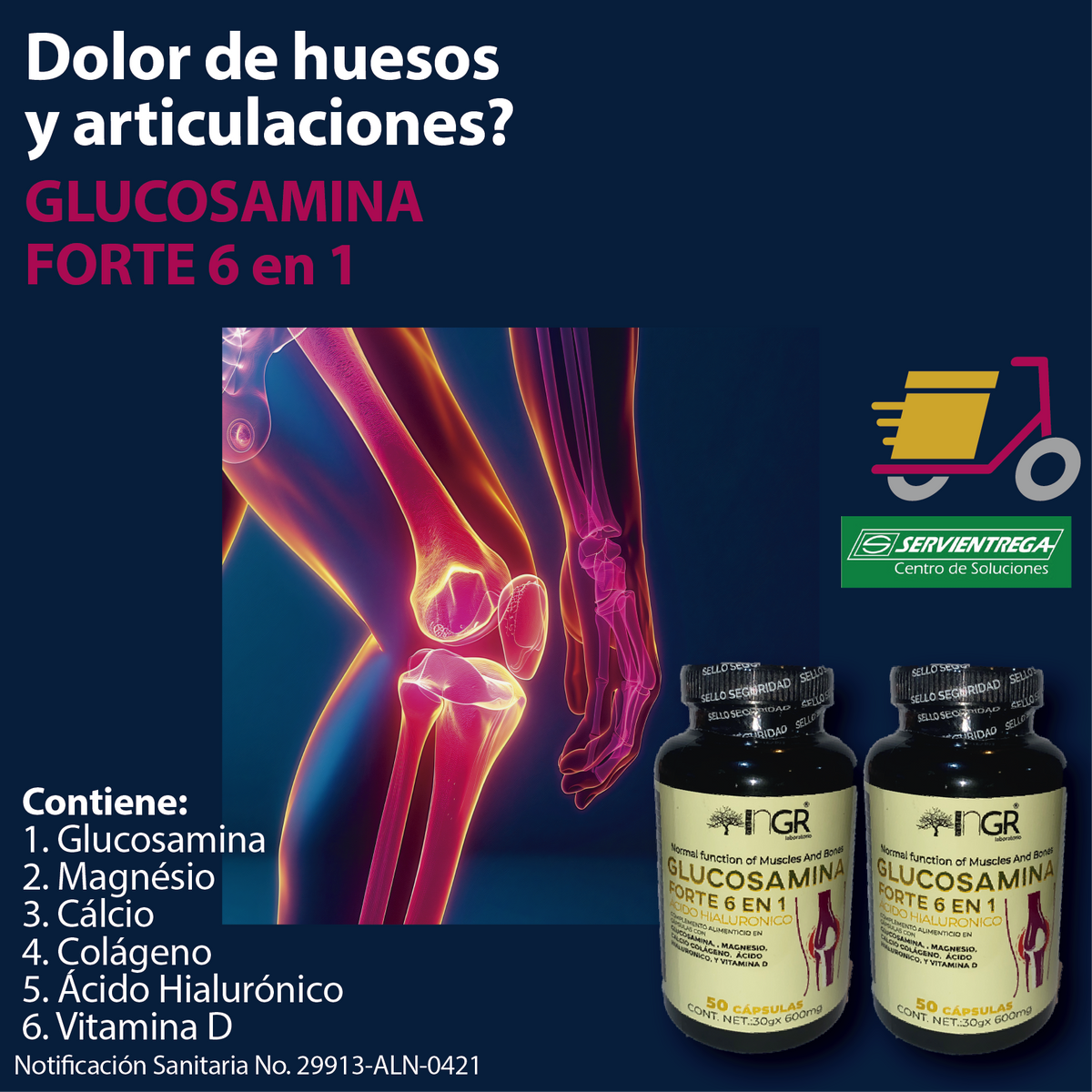 GLUCOSAMINA FORTE 6 EN 1 - CON MAGNESIO, CALCIO, COLAGENO, VITAMINA D Y ACIDO HIALURONICO