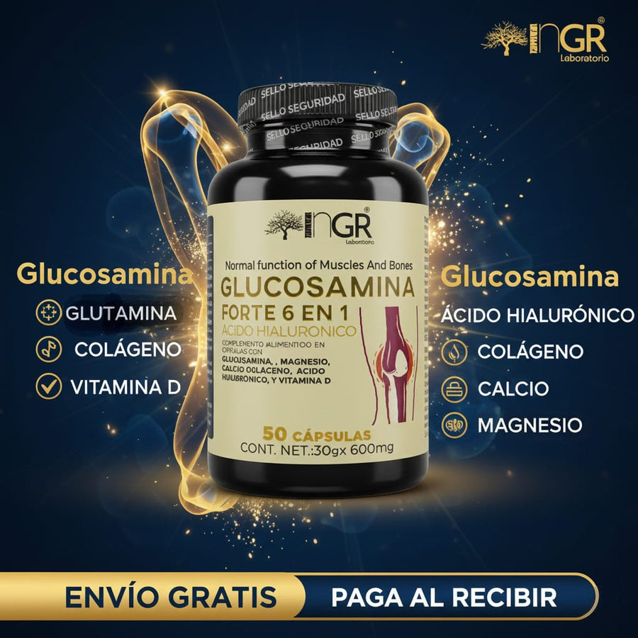 GLUCOSAMINA FORTE 6 EN 1 - CON MAGNESIO, CALCIO, COLAGENO, VITAMINA D Y ACIDO HIALURONICO