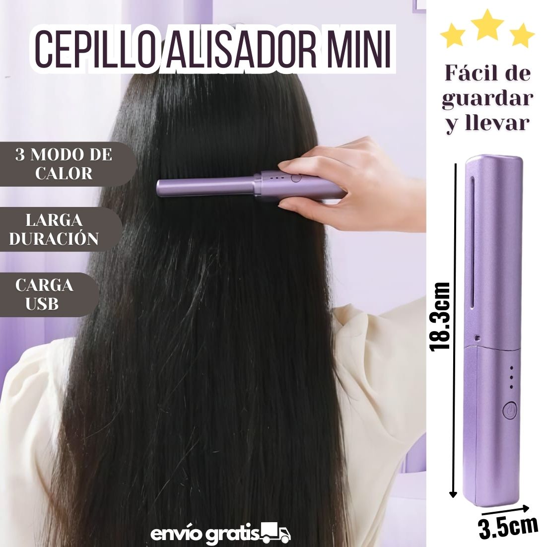 CEPILLO ALISADOR PORTÁTIL MINI - 3 MODOS DE CALOR, PERFECTO PARA LLEVAR EN LA CARTERA Y EVITAR EL CABELLO DESARREGLADO