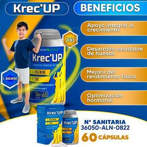 KRECE” UP – SUPLEMENTO CON L-ARGININA Y ZINC PARA NIÑOS Y JÓVENES DE 9 HASTA LOS 22 AÑOS 🍏 MÁS CRECIMIENTO, DESARROLLO Y ALTURA